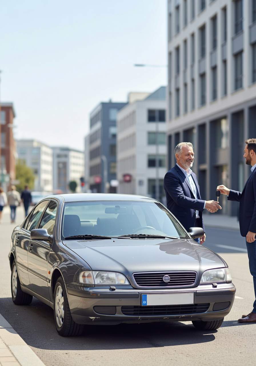 Team in Altena, ein erfahrener Fahrzeugexperte aus Altena nimmt das Fahrzeug eines zufriedenen Kunden ab. Seitlich steht der Wagen neben beiden.
